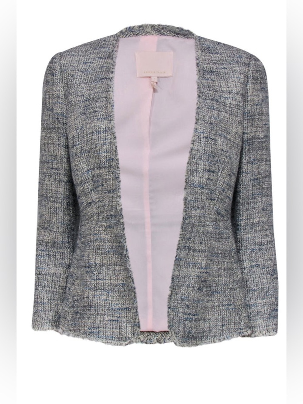 Rebecca Taylor Open-Front Tweed Blazer in Gray and Blue with Pink Lining